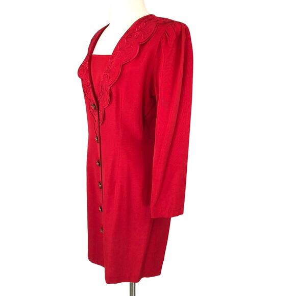 Madison Wells Sheath Dress Knee Length Long Sleeves Button Front Christmas Red - Picture 7 of 8